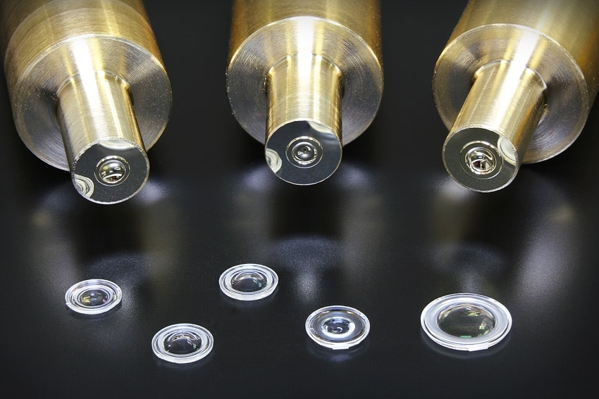 Aspheric micro lens pin mold prototypes, shown with production lenses ranging in size from 3 to 6 mm. Compass™ systems measure critical parameters on all of these, and more!
