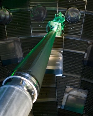 The Target Alignment Sensor system is mounted on a retractable arm inside the 30-meter diameter NIF target chamber.