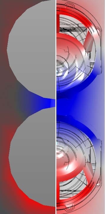 Measured modal shape at 222 Hz (left) and simulated modal shape at 281 Hz (right).