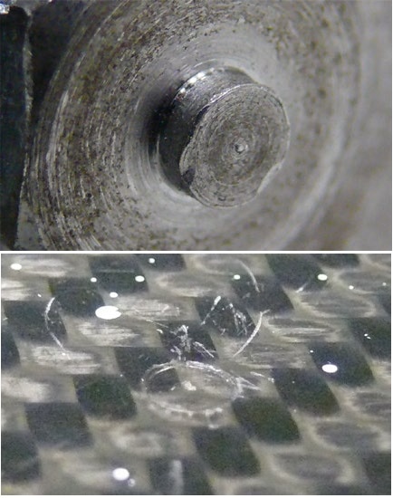 Above: Front face of the drop hammer Below: Impression after the 2.5 J impact.