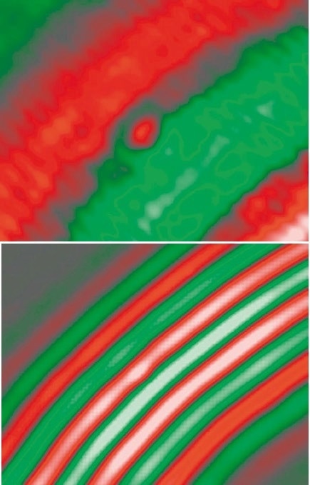 Primary compression waves (left) and flexural waves (right) in the measuring area post impact at 50 kHz (out-of-plane velocity fields).