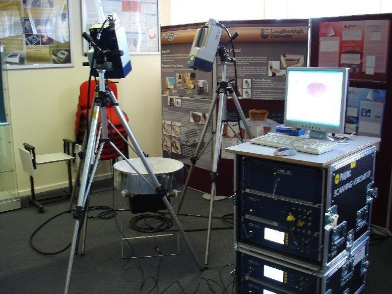 Set-up of the tri-laser system for the 3- dimensional scans of the soprano steelpan.