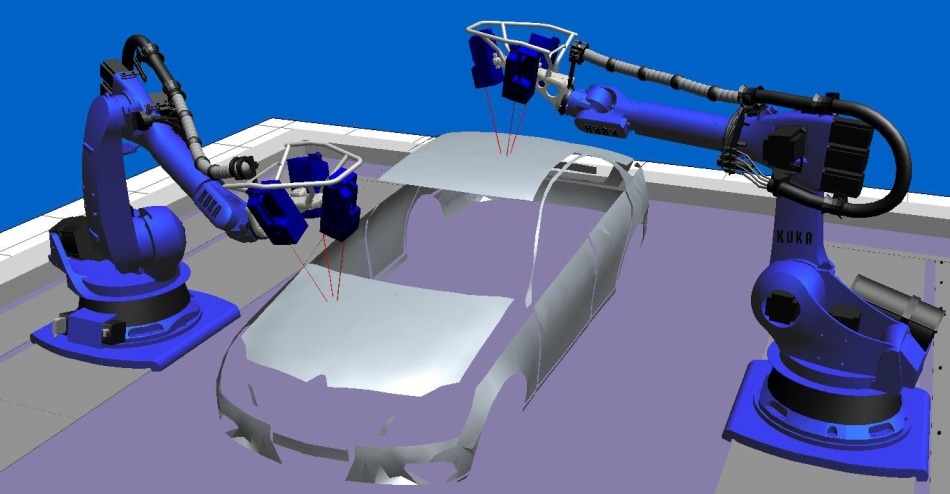 Simulation of twin-RoboVib test cell, with each robot on a linear track.