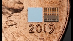 Front and back images of a mobile NIR VCSEL chip, on a penny for scale. (Image: Copyright TriLumina Corporation, used by permission)