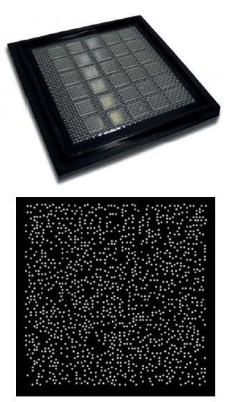 A diffractive optical element (top) and a sample random dot pattern (bottom) created by projecting laser light through a DOE. (Images: Copyright Holoeye Photonics AG, Germany, used with permission)
