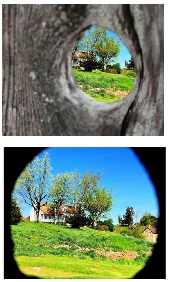“Knot-hole” example: Top, the entrance pupil is far from the opening (knot hole), providing a limited view of the image. Bottom, the entrance pupil is at the opening providing a fuller view