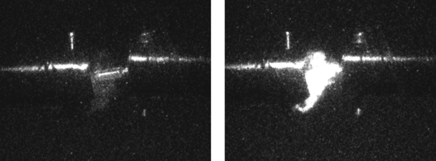 Propagation of the jet 20 µs after the impact with (left) and without (right) optical bandpass filter.