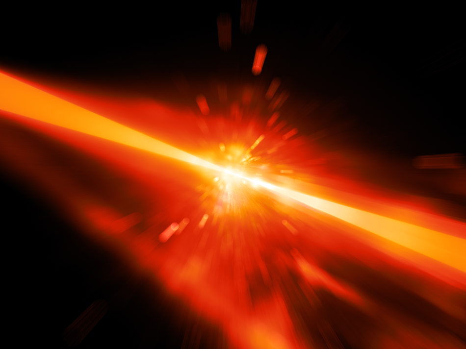 Red glowing laser beams hitting the target, explosion, computer generated abstract background, 3D rendering