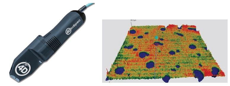 4D InSpec surface gage (left) and a false-color 3D measurement (right) of pitting on a surface, as taken with the 4D InSpec.
