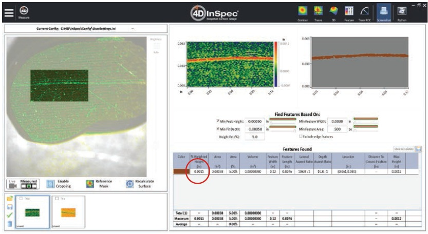 Replicated measurement showing bright-field image of scratch (left picture), false-color height map from measurement (center picture) and automatic defect finding and analysis (upper right picture and table below).