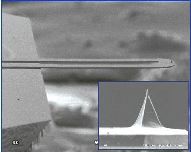 An SEM image of the microfabricated thermal probe used for nTA measurements. The inset is a zoom of the tip, which makes contact with the sample surface.