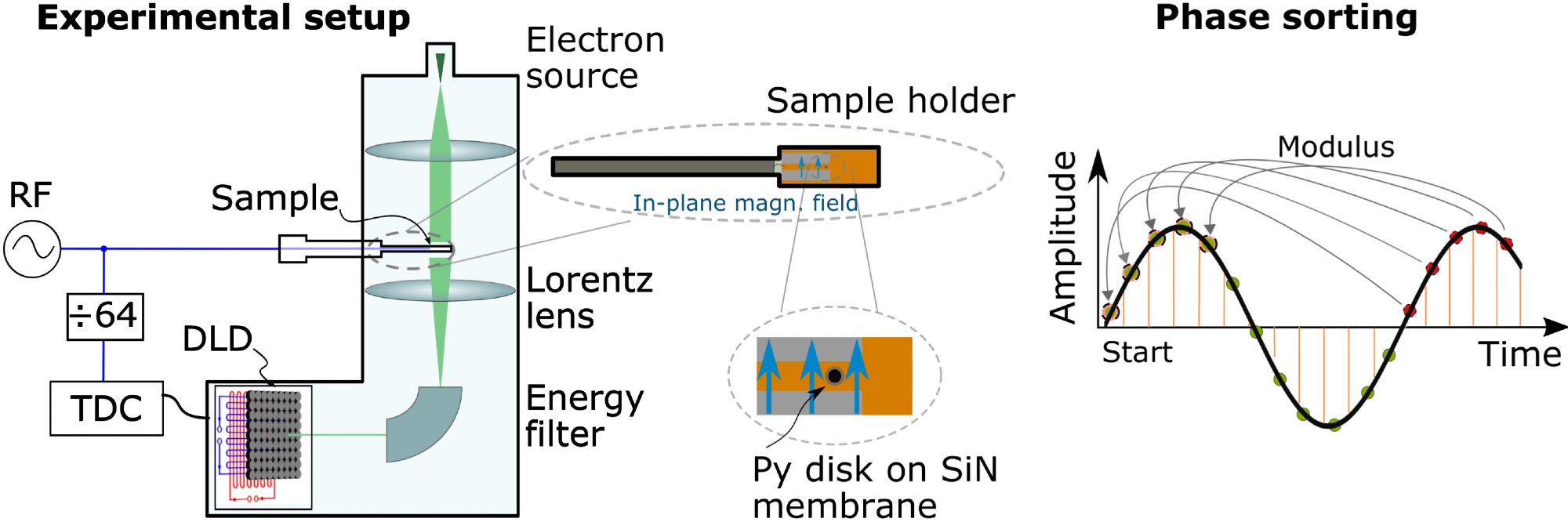 Schematic diagram of the measurement setup and time binning used in the present study. (Left) The electron beam is deflected by a magnetic vortex core in permalloy (Py) sample and imaged using a small area on the delay line detector (DLD). Two meanders on the detector record the times and positions of incoming electrons. Excitation of the magnetic vortex core and detection using the DLD are synchronized by using a frequency divider. (Right) The excitation cycle is divided into multiple steps. Steps corresponding to the same phase are summed up.