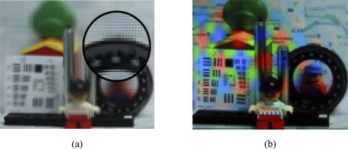 Real example of chromatic aliasing when the lightfield monitor is equipped with an MLA. (a) The collection of microimages, i.e., the lightfield image, projected onto the pixelated tablet; (b) Displayed 3D image as seen by a monocular observer placed in front of the lightfield monitor.