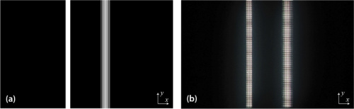 (a) Calculated lightfield image corresponding to the reference bar at z = 0, and the moveable bar at z =+25 mm; (b) Image displayed through a pinhole array as seen by a monocular observer placed in front of the lightfield monitor.