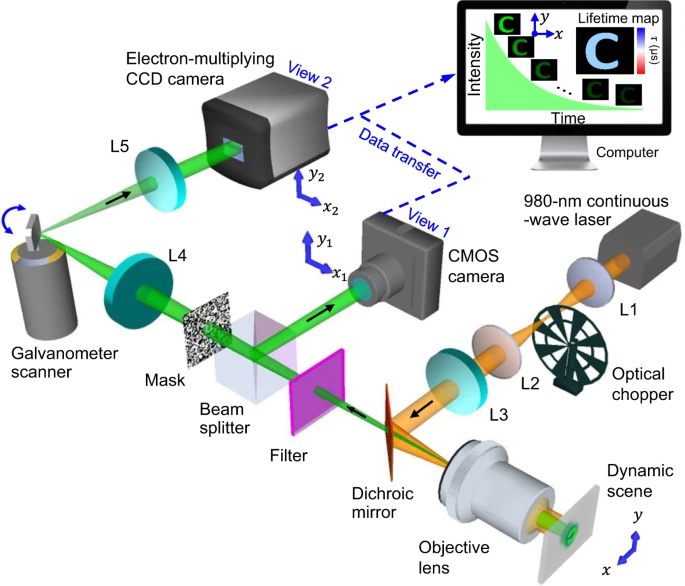 Schematic of the SPLIT system. The illustration shows data acquisition and image reconstruction of luminescence intensity decay in a letter “C”. L1–L5, lens.