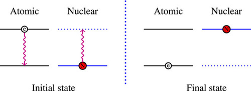 Atomic and nuclear states involved in a NEET transition. Initially, the electron is in a bound excited state and the nucleus is in the ground state, whereas in the final state, the electron is in a lower-energy bound state and the nucleus is in an excited state.