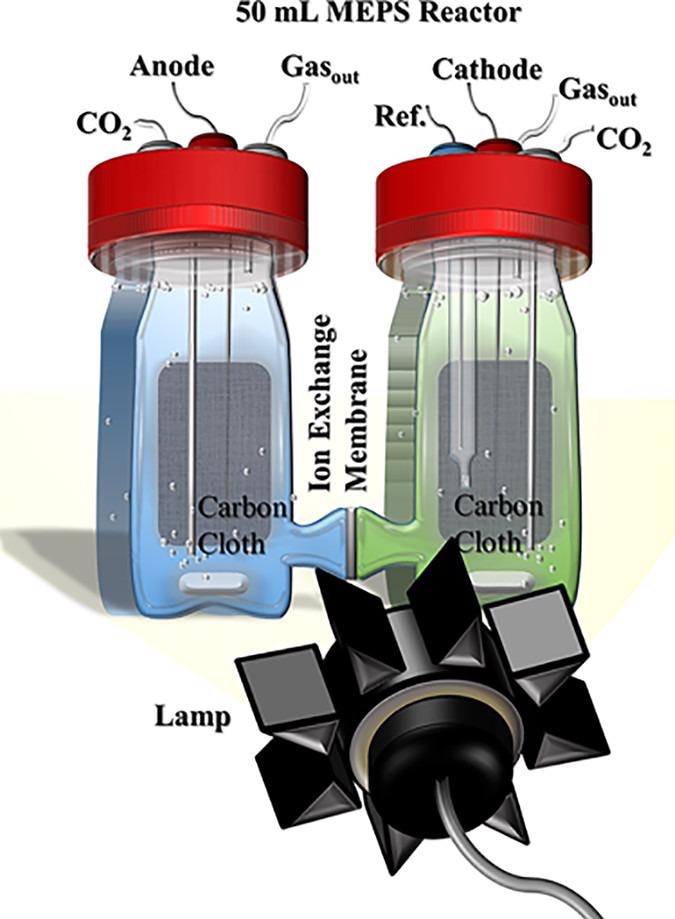 H-cell reactors used for MEPS where the cathode measured light-dependent current density via chronoamperometry (-0.249 V). The ?psbB cells in the cathodic chamber acted as a bioanode. The black device represents the laboratory lamps used for exposing reactors to light.
