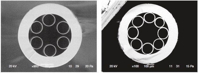 Cross-sections of the negative curvature hollow-core fibers made of silica glass (left) and chalcogenide glass (right). The fibers were fabricated at Dianov Fiber Optics Research Center.