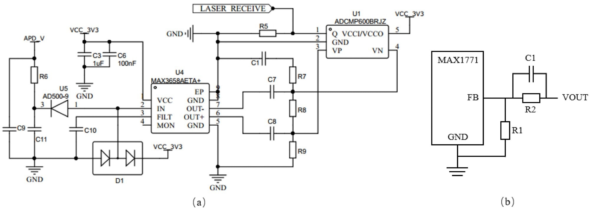 (a) Receiver circuit. (b) Bias voltage circuit.