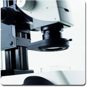 Modern stereo microscope featuring a 20.5:1 zoom range with APO corrected optics and FusionOptics™.
