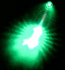Laser light emitted from the end of a cadmium sulfide nanowire.