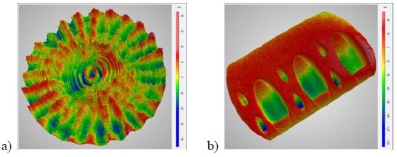 3D height maps demonstrating lateral resolution capabilities on a 1000x1000 detector array using an optimized spatial carrier algorithm: (a) an optical flat showing mid-spatial frequency errors generated by small-tool polishing; (b) a “spot” block used to characterize the polishing footprint for deterministic polishing correction.