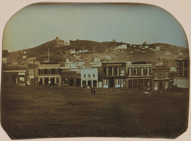 Daguerreotype of Portsmouth Square with restaurants and shops, San Francisco, 1851.