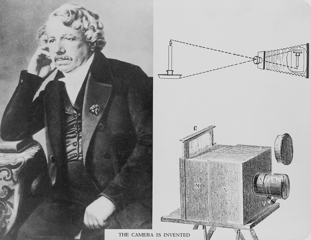 Louis Daguerre (1787-1851), with an illustration of the camera he invented.