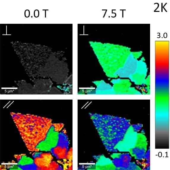 Polarization- and magnetic field-dependent Raman images of single- and multi-layer MoS2 at 2K. The A’1 /E’ intensity ratio is color coded. The polarizer and analyzer were oriented perpendicular or parallel to each other as indicated.