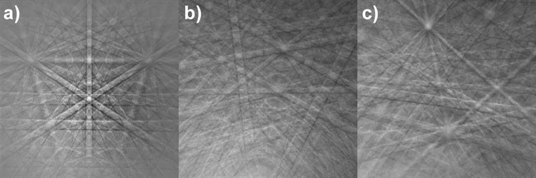 High-quality EBSD patterns collected with Clarity from a) silicon, b) olivine, and c) quartz.