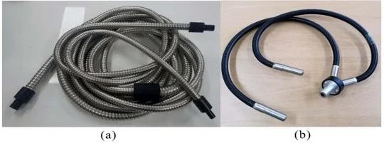 Optical fiber light guides used in the experiment, (a) a glass type light guide; (b) a polymer type light guide.